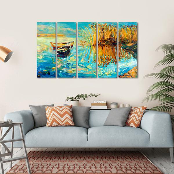 Oil Painting Of Boats Canvas Wall Art-5 Horizontal-Gallery Wrap-22" x 12"-Tiaracle