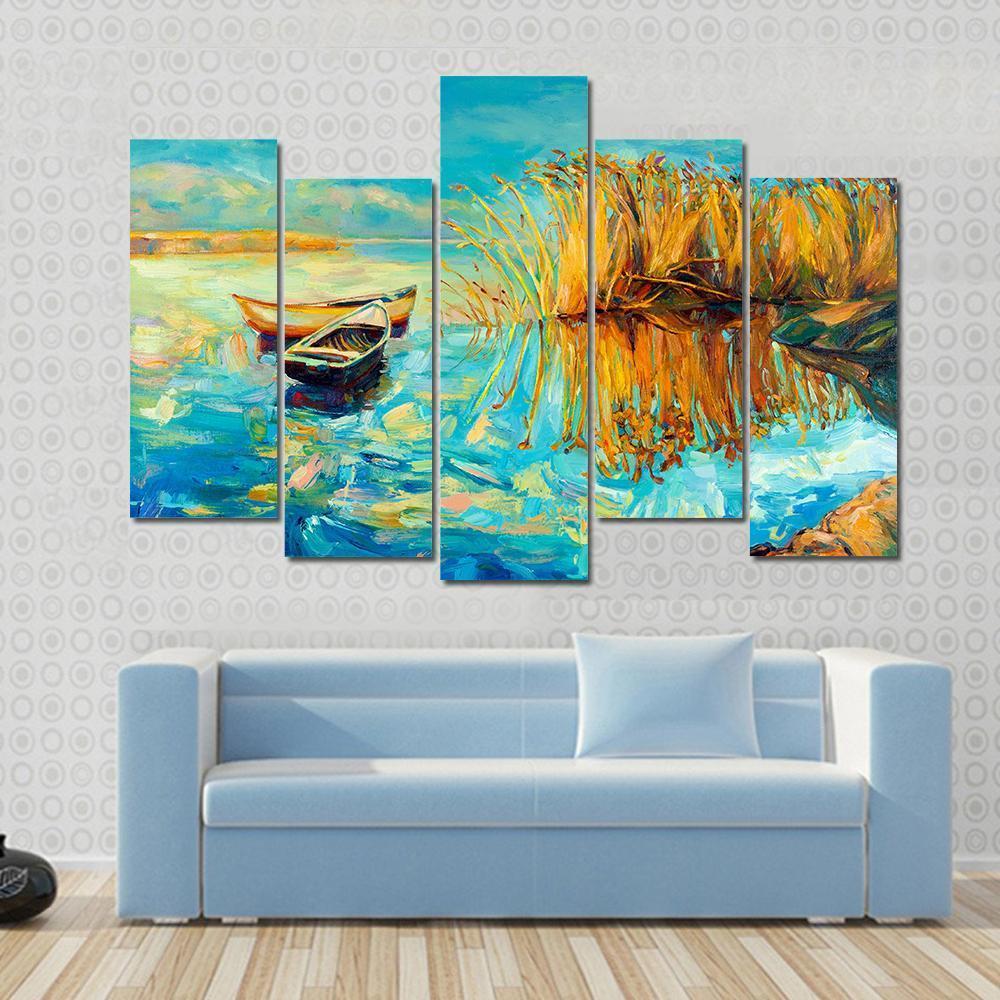 Oil Painting Of Boats Canvas Wall Art-5 Pop-Gallery Wrap-47" x 32"-Tiaracle