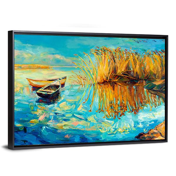 Oil Painting Of Boats Canvas Wall Art-3 Horizontal-Gallery Wrap-25" x 16"-Tiaracle
