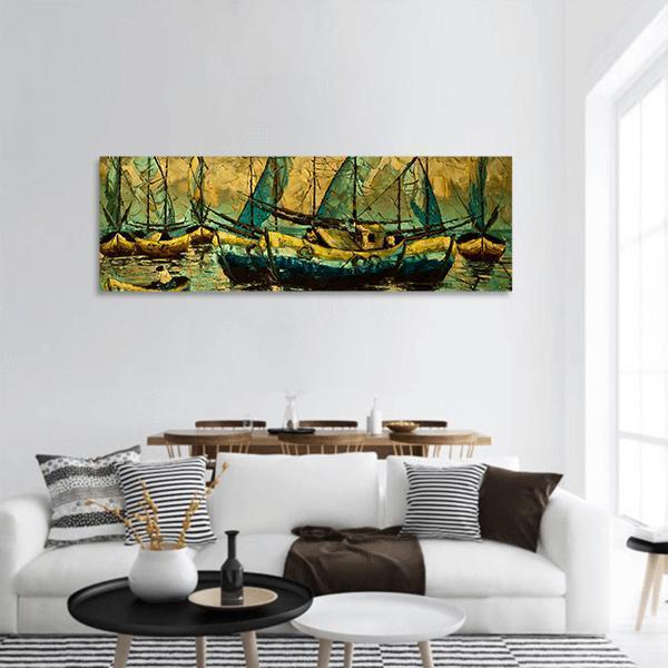 Boats In A Lake Panoramic Canvas Wall Art-1 Piece-36" x 12"-Tiaracle