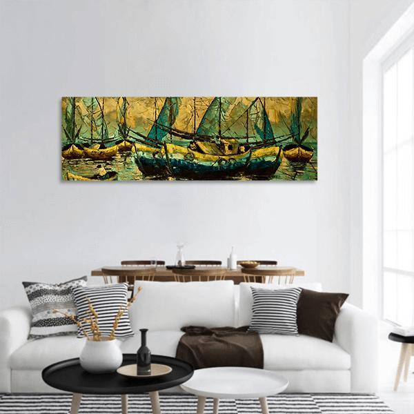 Boats In A Lake Panoramic Canvas Wall Art-3 Piece-25" x 08"-Tiaracle