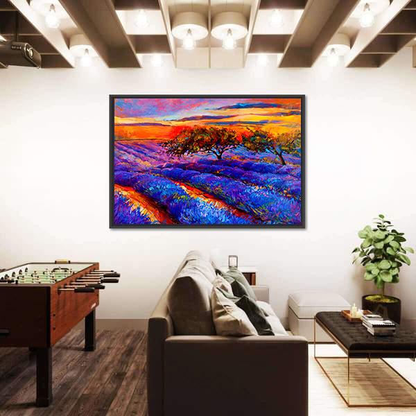 Oil Painting Of Lavender Fields Canvas Wall Art-3 Horizontal-Gallery Wrap-25" x 16"-Tiaracle