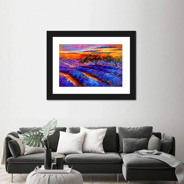 Oil Painting Of Lavender Fields Canvas Wall Art-3 Horizontal-Gallery Wrap-25" x 16"-Tiaracle