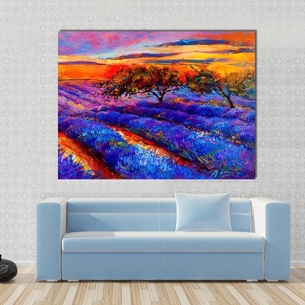 Lavender Fields Oil Painting Canvas Wall Art in orange, blue and purple, single panel hung on a wall