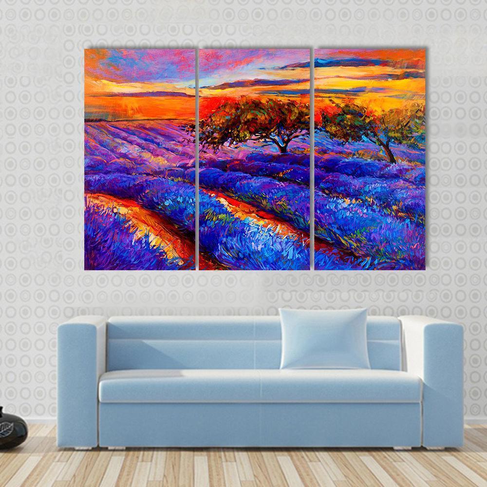 Oil Painting Of Lavender Fields Canvas Wall Art-3 Horizontal-Gallery Wrap-37" x 24"-Tiaracle