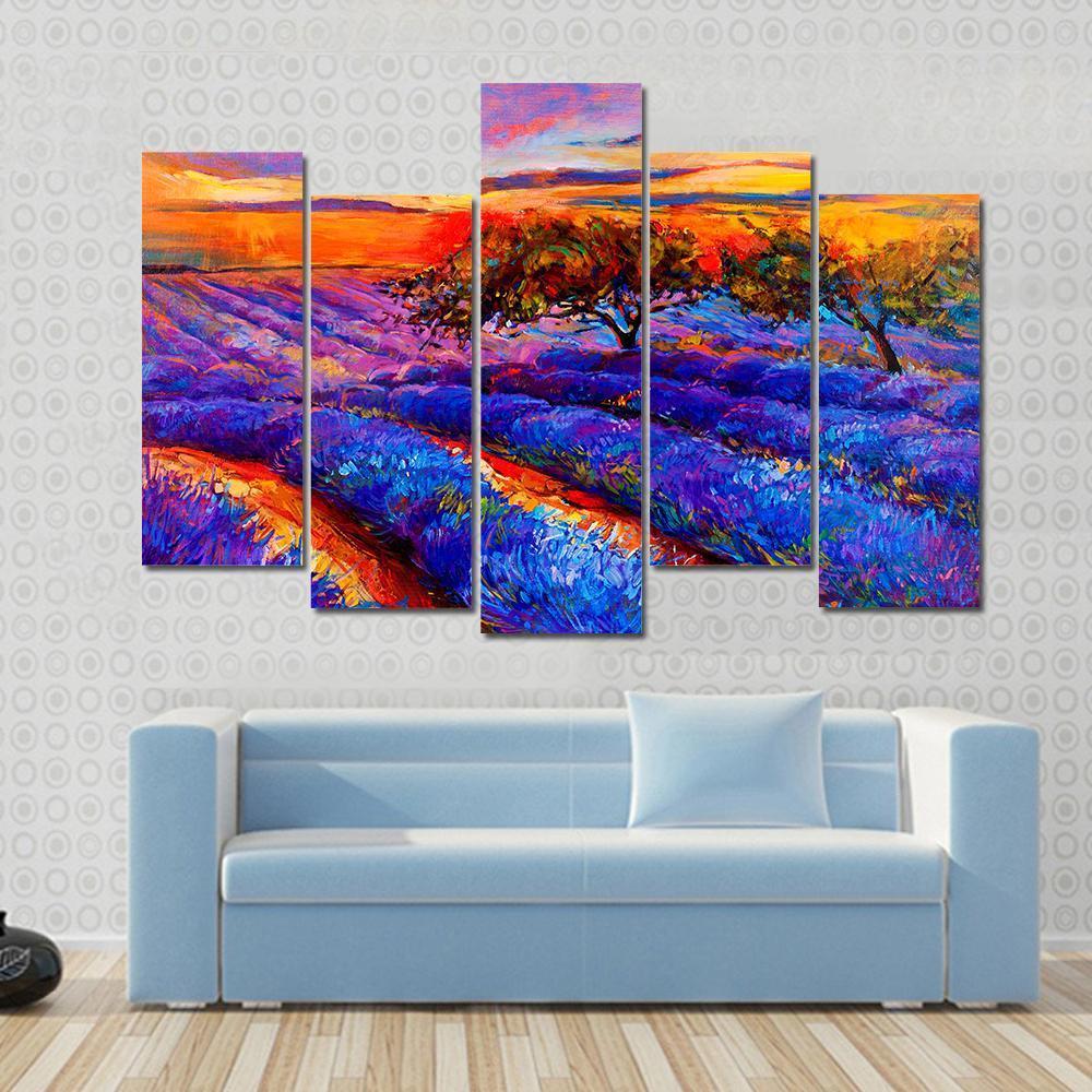 Oil Painting Of Lavender Fields Canvas Wall Art-5 Pop-Gallery Wrap-47" x 32"-Tiaracle