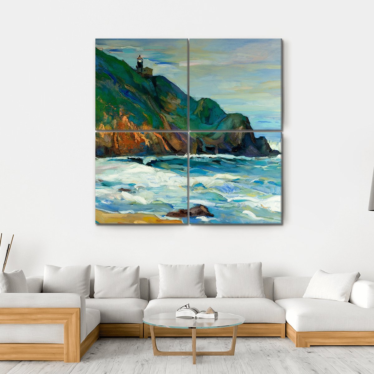 Oil Painting Of Seacoast Canvas Wall Art-4 Square-Gallery Wrap-17" x 17"-Tiaracle