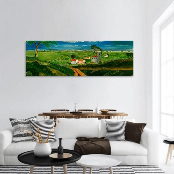 Oil Painting Of Village Panoramic Canvas Wall Art-1 Piece-36" x 12"-Tiaracle