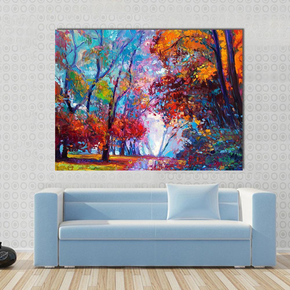 Autumn Forest Abstract Canvas Wall Art in orange, blue and multicolor, single panel hung on a wall