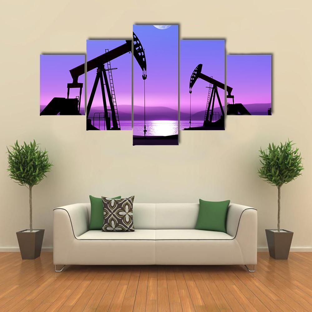 Oil Pump In Deserted District Canvas Wall Art-5 Star-Gallery Wrap-62" x 32"-Tiaracle