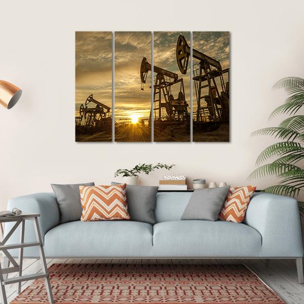 Oil Pump Jacks At Sunset Canvas Wall Art-4 Horizontal-Gallery Wrap-34" x 24"-Tiaracle