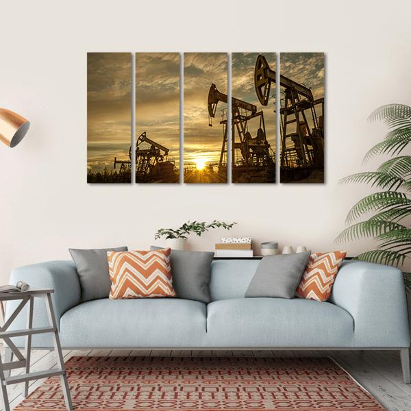 Oil Pump Jacks At Sunset Canvas Wall Art-5 Horizontal-Gallery Wrap-22" x 12"-Tiaracle
