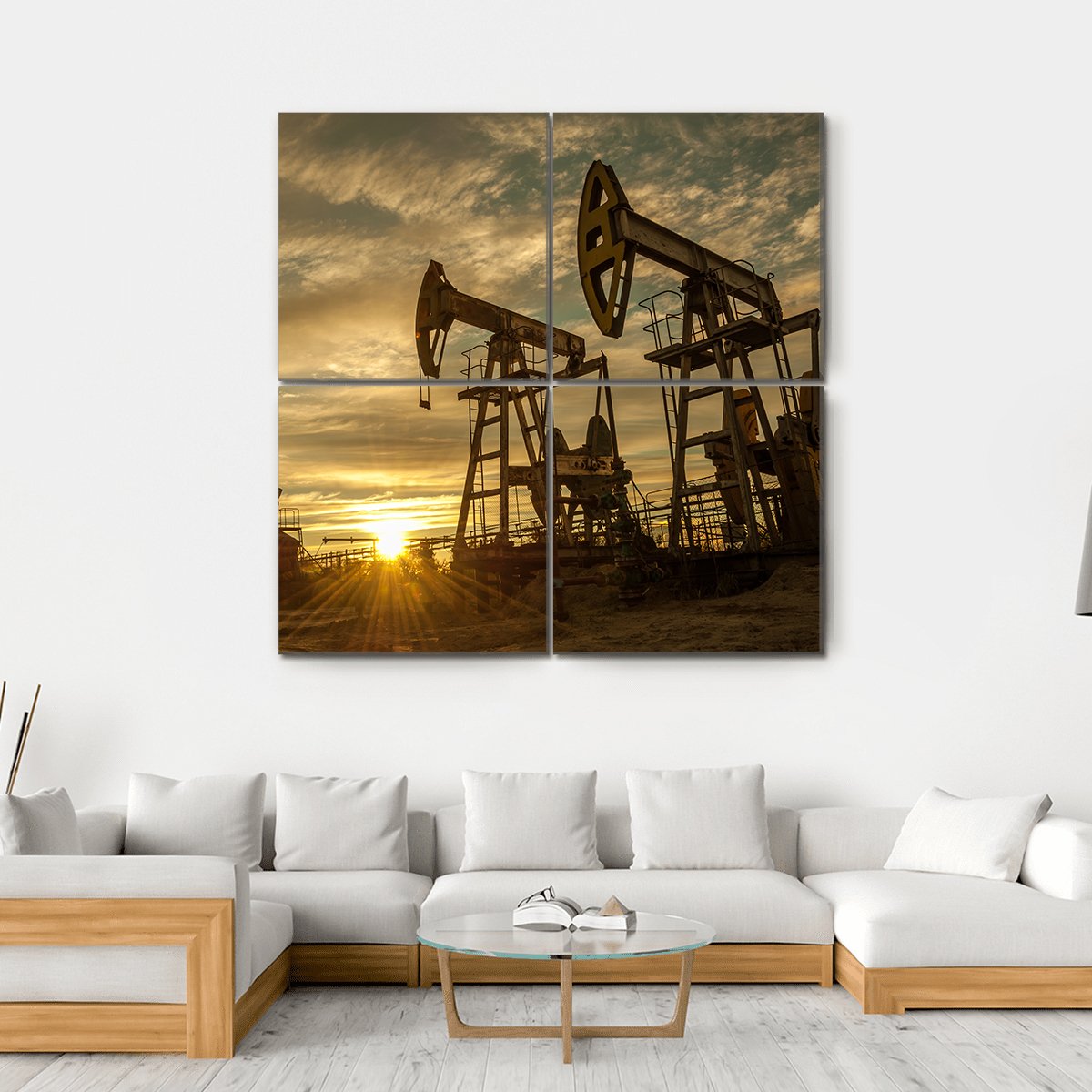 Oil Pump Jacks At Sunset Canvas Wall Art-5 Horizontal-Gallery Wrap-22" x 12"-Tiaracle