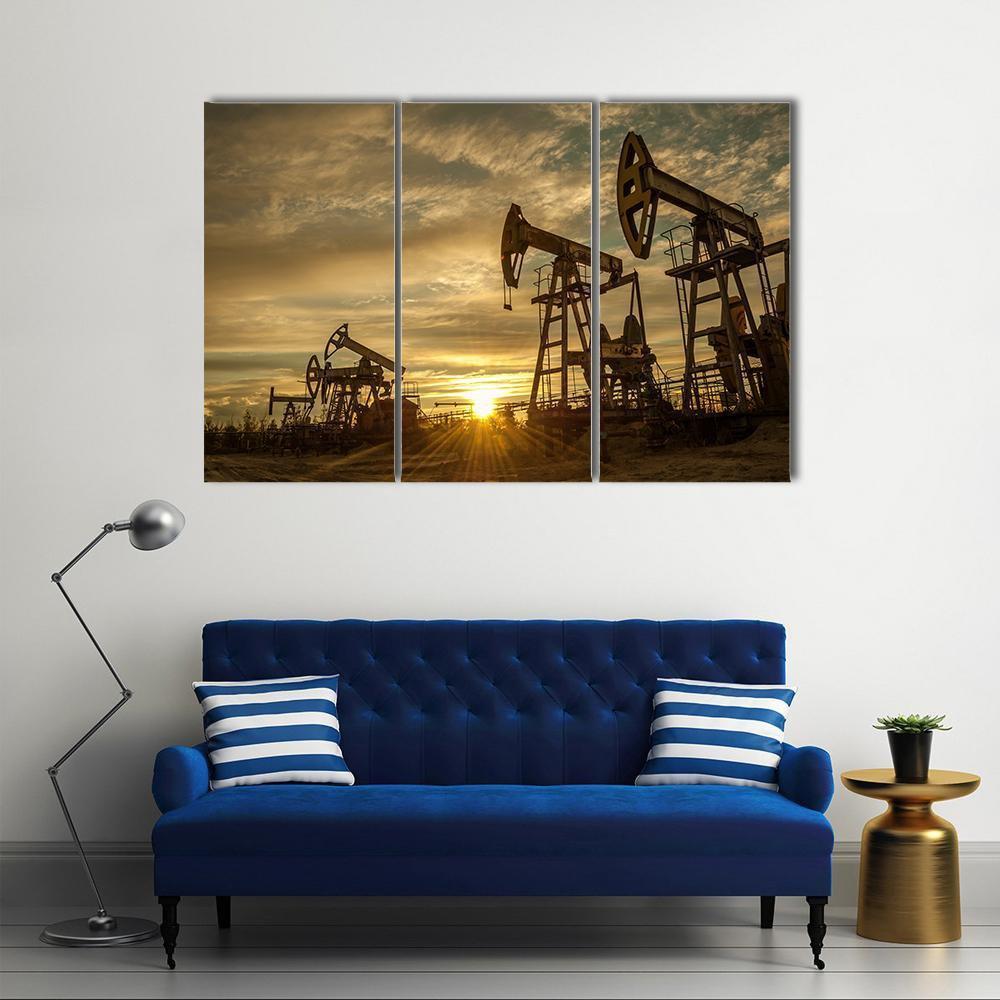 Oil Pump Jacks At Sunset Canvas Wall Art-3 Horizontal-Gallery Wrap-37&quot; x 24&quot;-Tiaracle