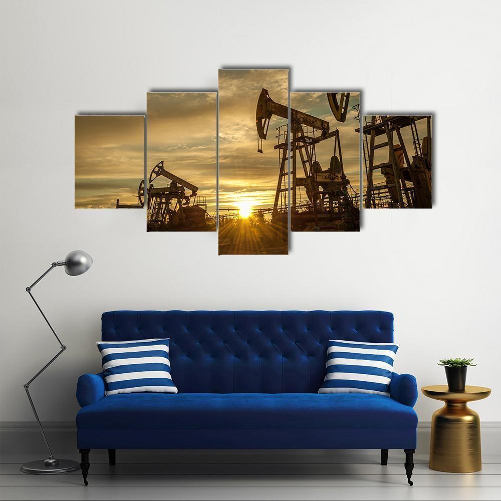 Oil Pump Jacks At Sunset Canvas Wall Art-5 Star-Gallery Wrap-62" x 32"-Tiaracle