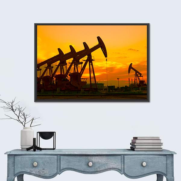 Oil Pump On Orange Sunset Canvas Wall Art-1 Piece-Floating Frame-24" x 16"-Tiaracle