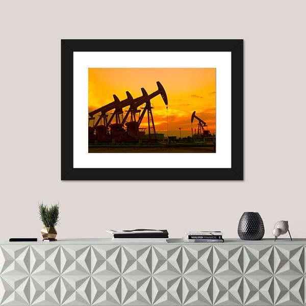 Oil Pump On Orange Sunset Canvas Wall Art-1 Piece-Framed Print-20" x 16"-Tiaracle