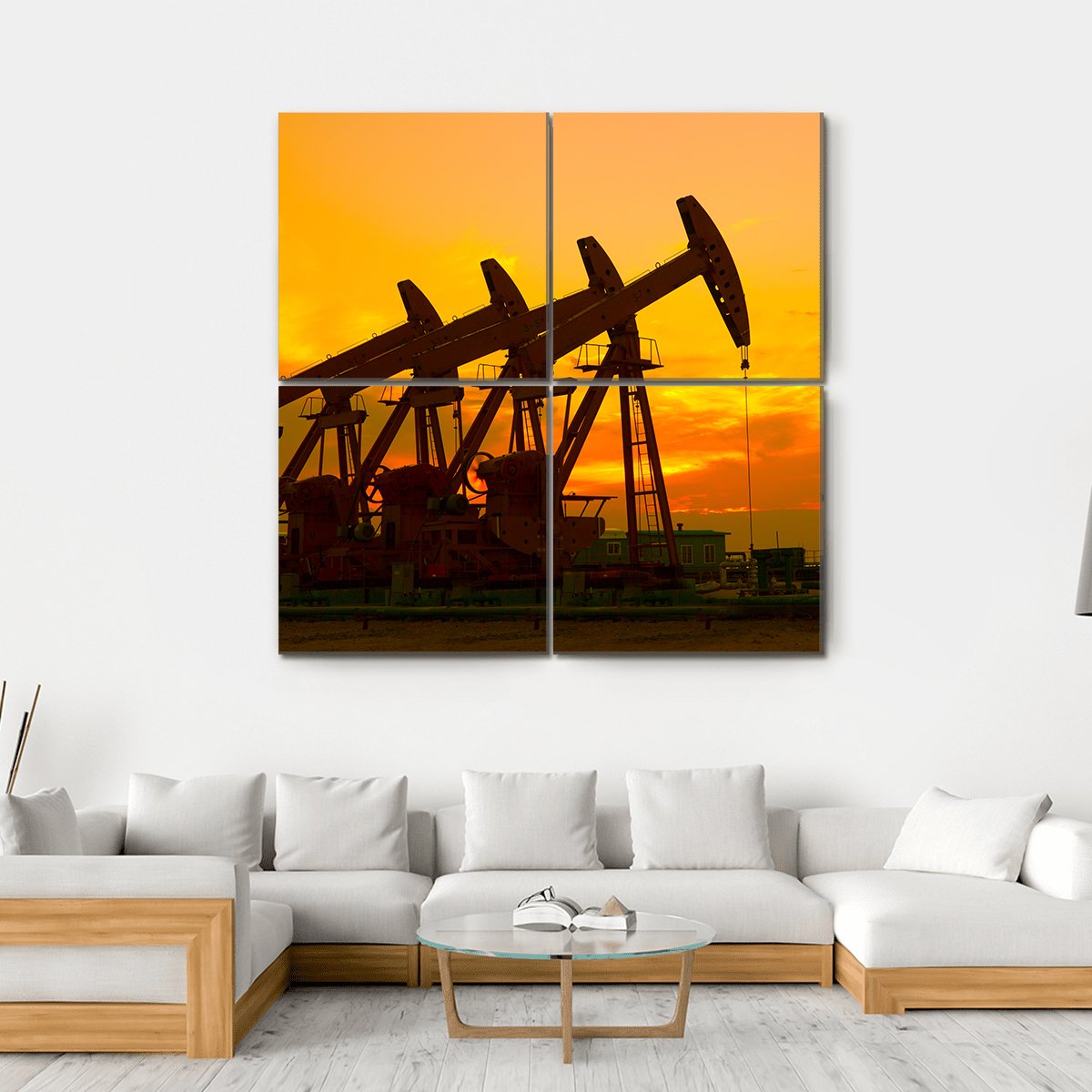 Oil Pump On Orange Sunset Canvas Wall Art-4 Square-Gallery Wrap-17" x 17"-Tiaracle
