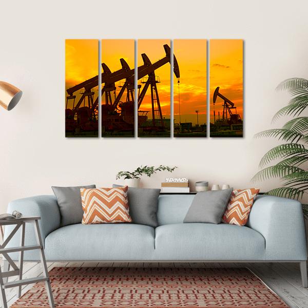 Oil Pump On Orange Sunset Canvas Wall Art-5 Horizontal-Gallery Wrap-22" x 12"-Tiaracle