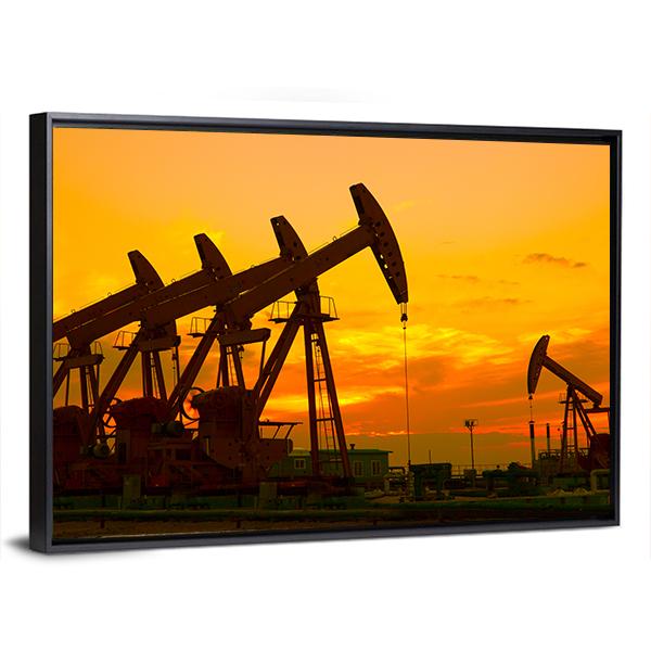 Oil Pump On Orange Sunset Canvas Wall Art-3 Horizontal-Gallery Wrap-25" x 16"-Tiaracle