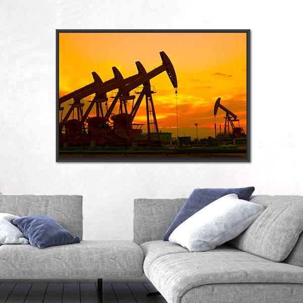 Oil Pump On Orange Sunset Canvas Wall Art-3 Horizontal-Gallery Wrap-25" x 16"-Tiaracle