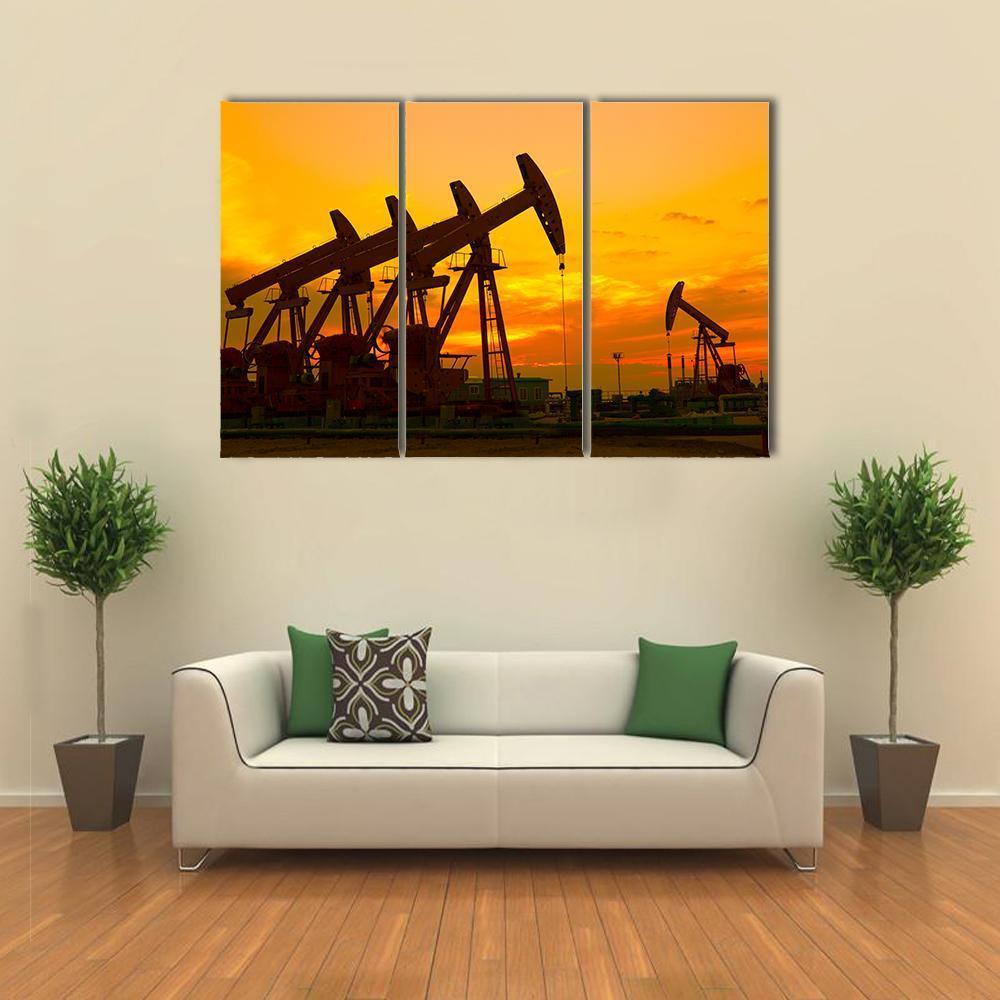Oil Pump On Orange Sunset Canvas Wall Art-3 Horizontal-Gallery Wrap-37" x 24"-Tiaracle