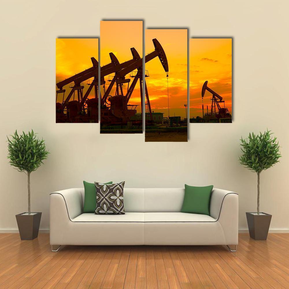 Oil Pump On Orange Sunset Canvas Wall Art-4 Pop-Gallery Wrap-50" x 32"-Tiaracle