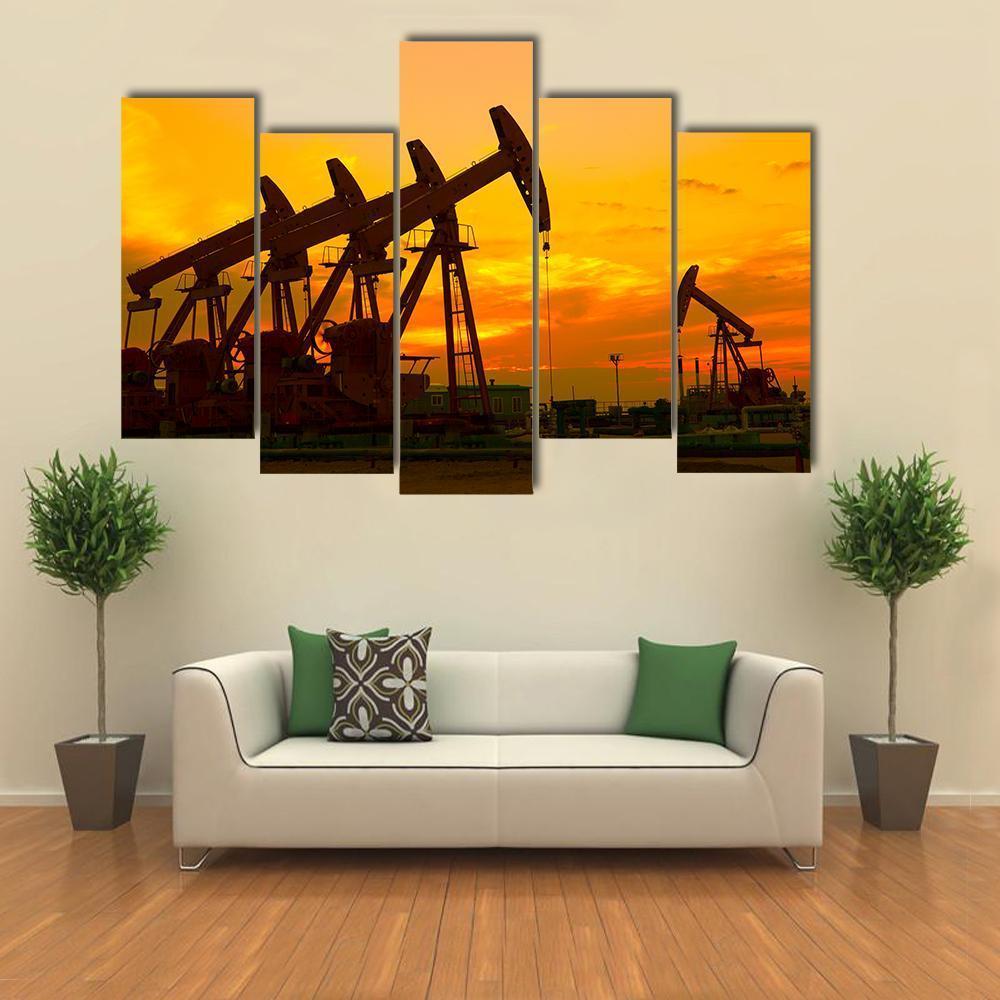 Oil Pump On Orange Sunset Canvas Wall Art-5 Pop-Gallery Wrap-47" x 32"-Tiaracle