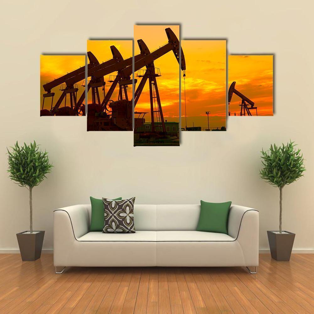 Oil Pump On Orange Sunset Canvas Wall Art-5 Star-Gallery Wrap-62" x 32"-Tiaracle