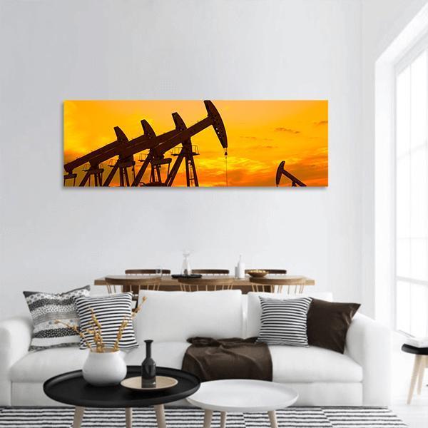 Oil Pump On Orange Sunset Panoramic Canvas Wall Art-1 Piece-36" x 12"-Tiaracle