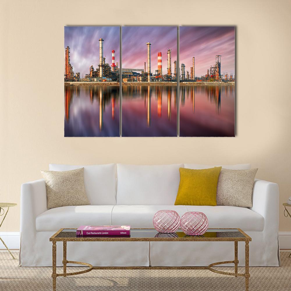 Oil Refinery At Sunset Canvas Wall Art-3 Horizontal-Gallery Wrap-37" x 24"-Tiaracle