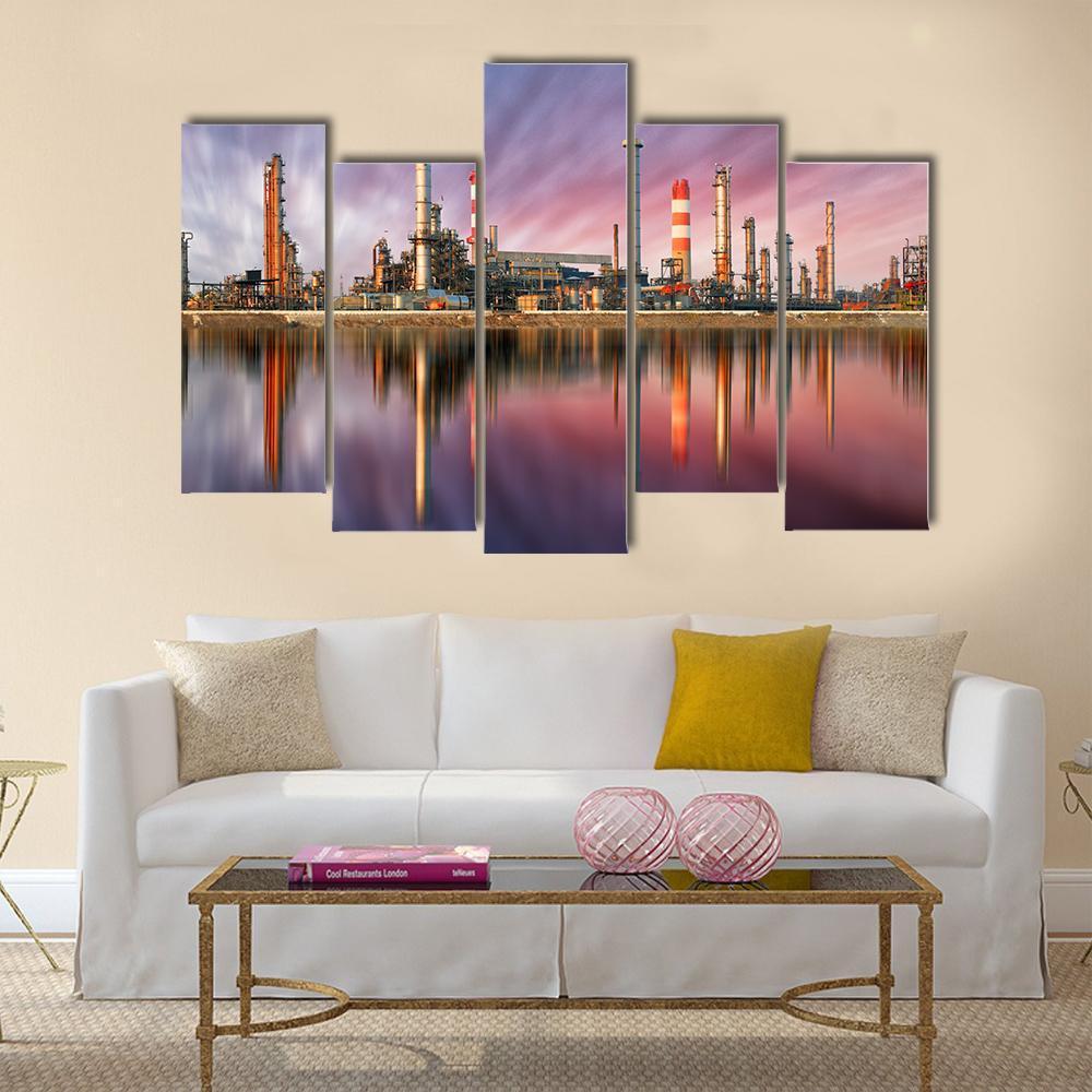Oil Refinery At Sunset Canvas Wall Art-5 Pop-Gallery Wrap-47" x 32"-Tiaracle