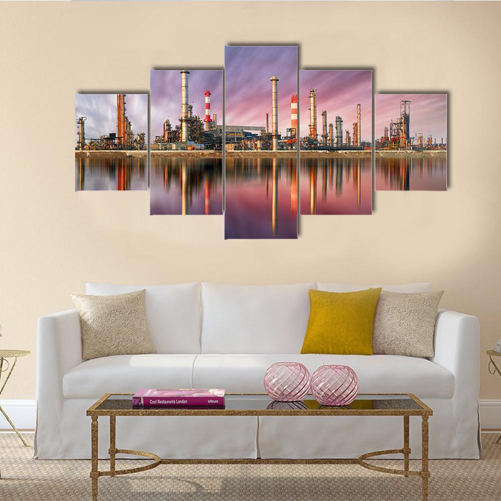 Oil Refinery At Sunset Canvas Wall Art-5 Star-Gallery Wrap-62" x 32"-Tiaracle