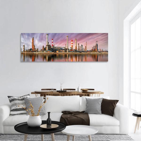 Oil Refinery At Sunset Panoramic Canvas Wall Art-3 Piece-25" x 08"-Tiaracle