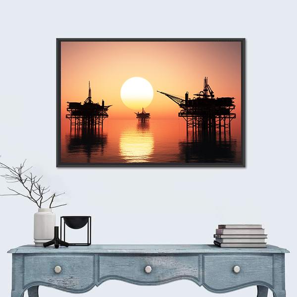 Oil Rig At Late Evening Canvas Wall Art-1 Piece-Floating Frame-24" x 16"-Tiaracle