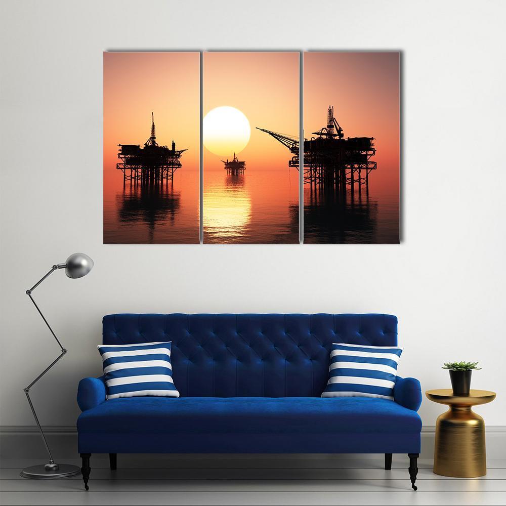 Oil Rig At Late Evening Canvas Wall Art-3 Horizontal-Gallery Wrap-37" x 24"-Tiaracle