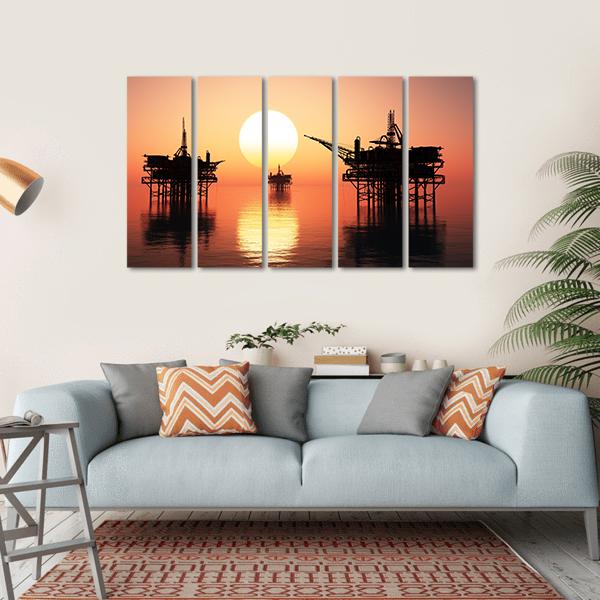 Oil Rig At Late Evening Canvas Wall Art-5 Horizontal-Gallery Wrap-22" x 12"-Tiaracle