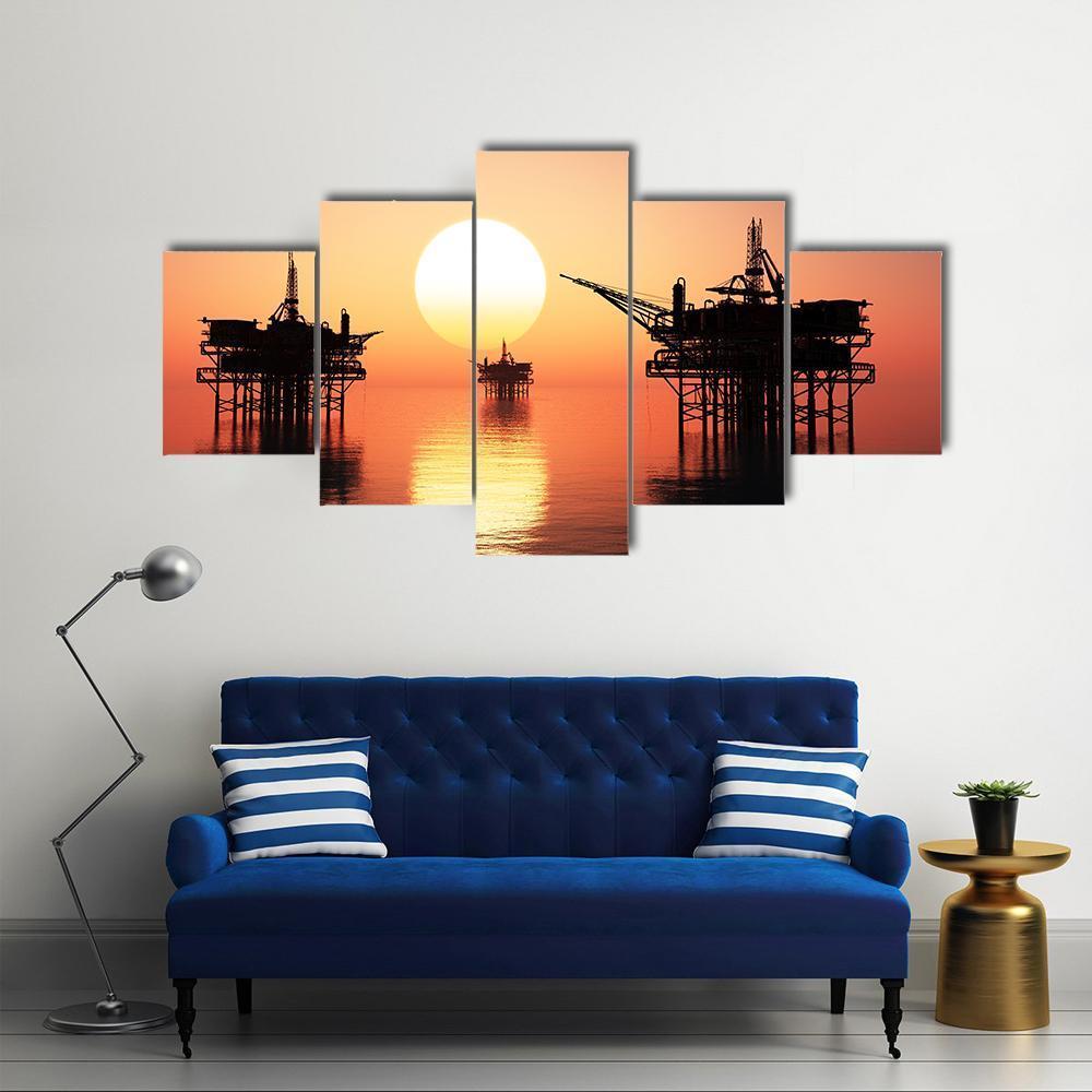 Oil Rig At Late Evening Canvas Wall Art-3 Horizontal-Gallery Wrap-37" x 24"-Tiaracle