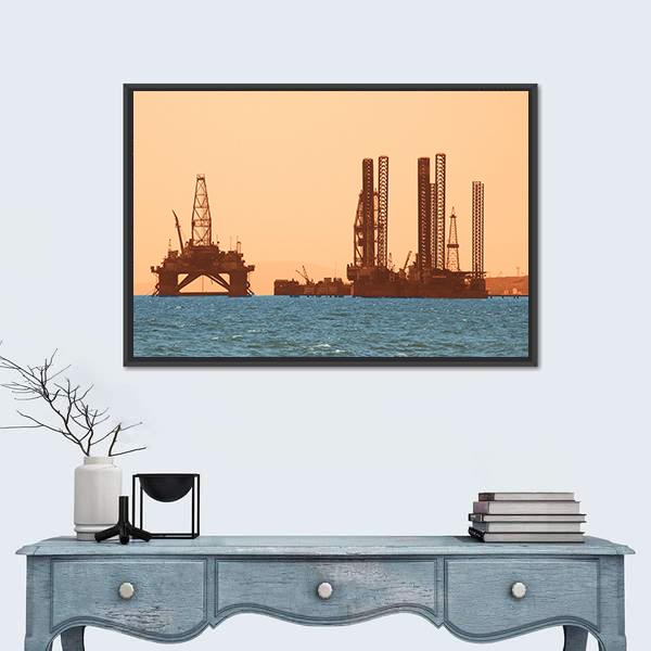 Oil Rig During Sunset Canvas Wall Art-1 Piece-Floating Frame-24" x 16"-Tiaracle