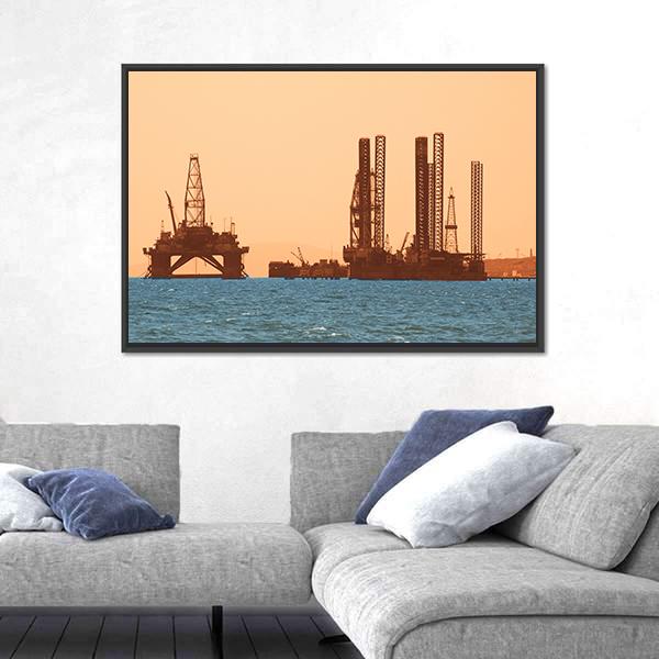 Oil Rig During Sunset Canvas Wall Art-3 Horizontal-Gallery Wrap-25" x 16"-Tiaracle