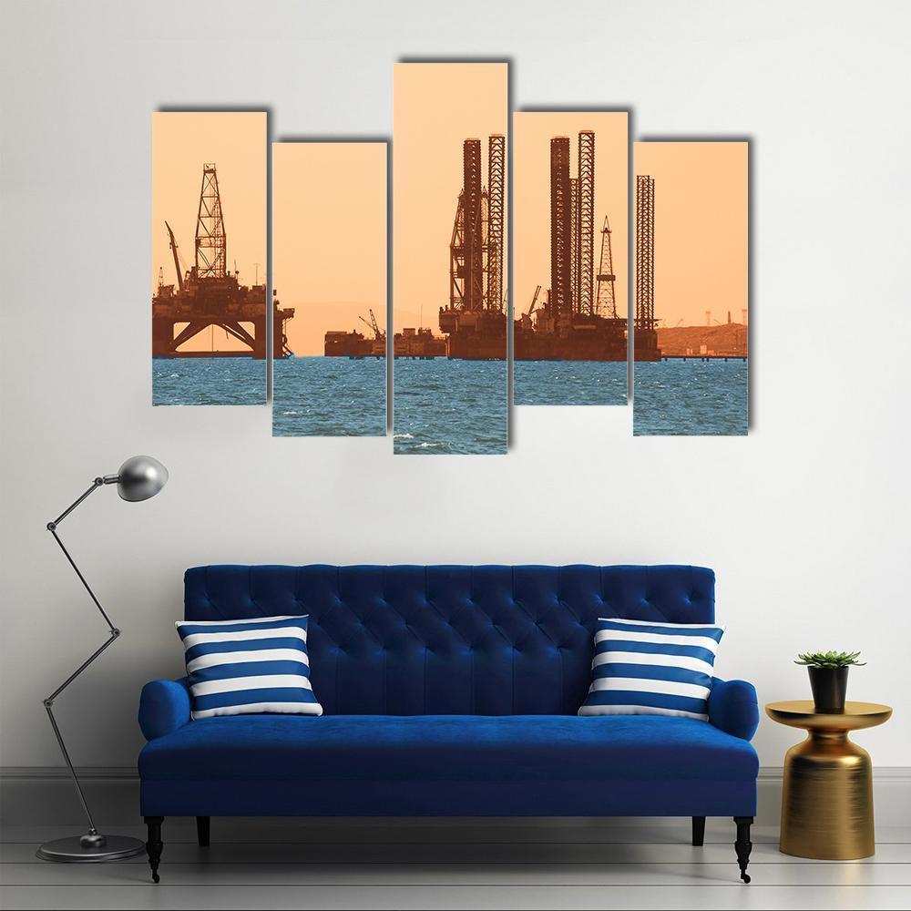 Oil Rig During Sunset Canvas Wall Art-5 Pop-Gallery Wrap-47" x 32"-Tiaracle