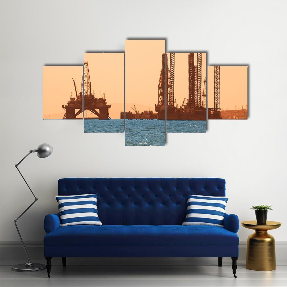 Oil Rig During Sunset Canvas Wall Art-5 Star-Gallery Wrap-62" x 32"-Tiaracle