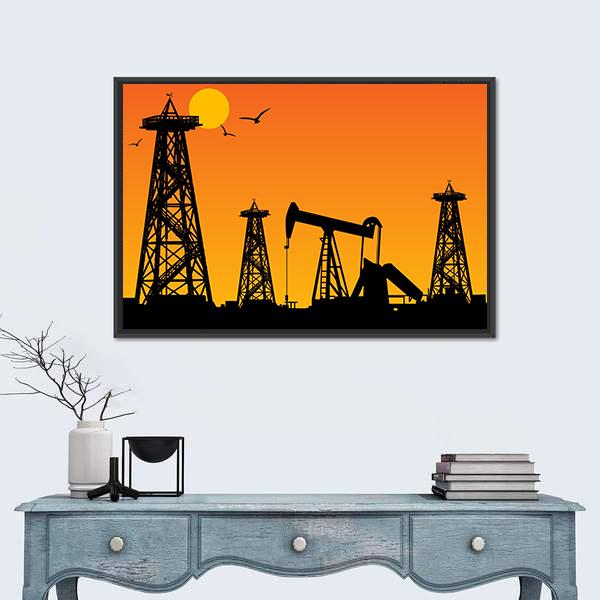 Oil Rig Silhouettes at Sunset Canvas Wall Art in black, orange and yellow, framed canvas, product view on a white background