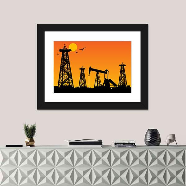 Oil Rig Silhouettes Canvas Wall Art-1 Piece-Framed Print-20" x 16"-Tiaracle