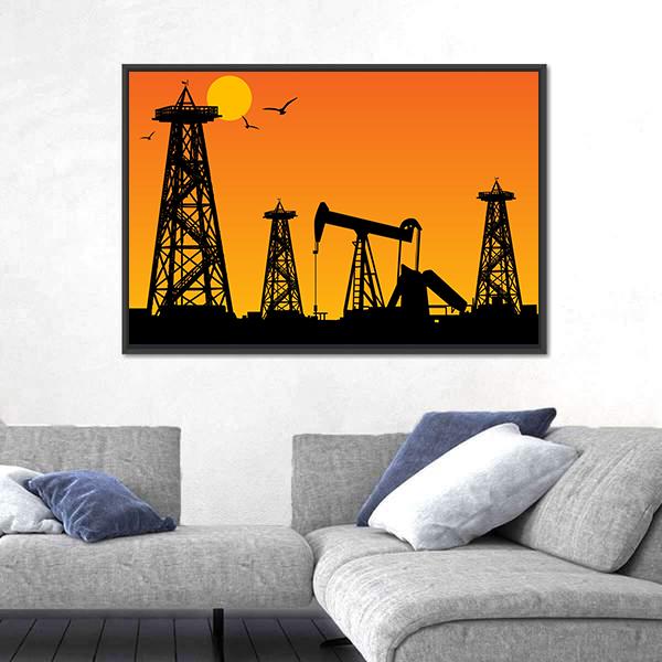 Oil Rig Silhouettes Canvas Wall Art-3 Horizontal-Gallery Wrap-25" x 16"-Tiaracle