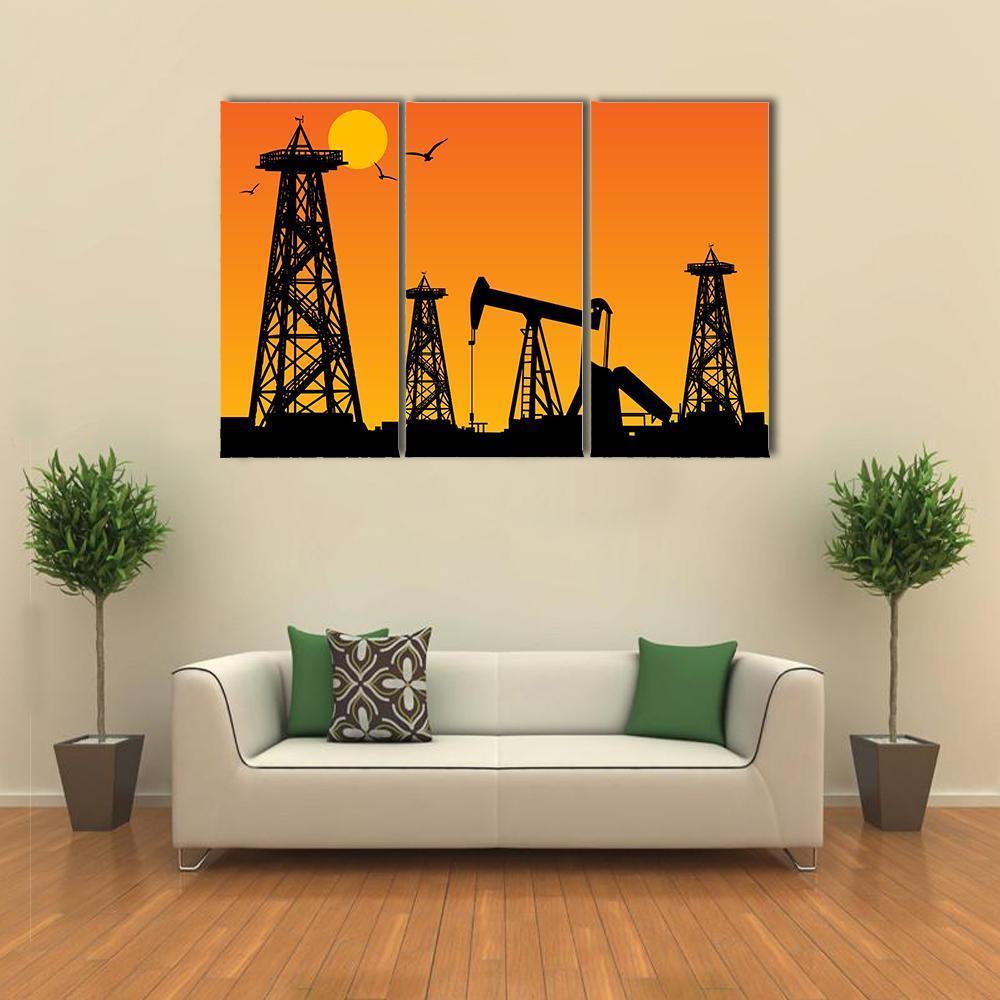 Oil Rig Silhouettes Canvas Wall Art-3 Horizontal-Gallery Wrap-37" x 24"-Tiaracle