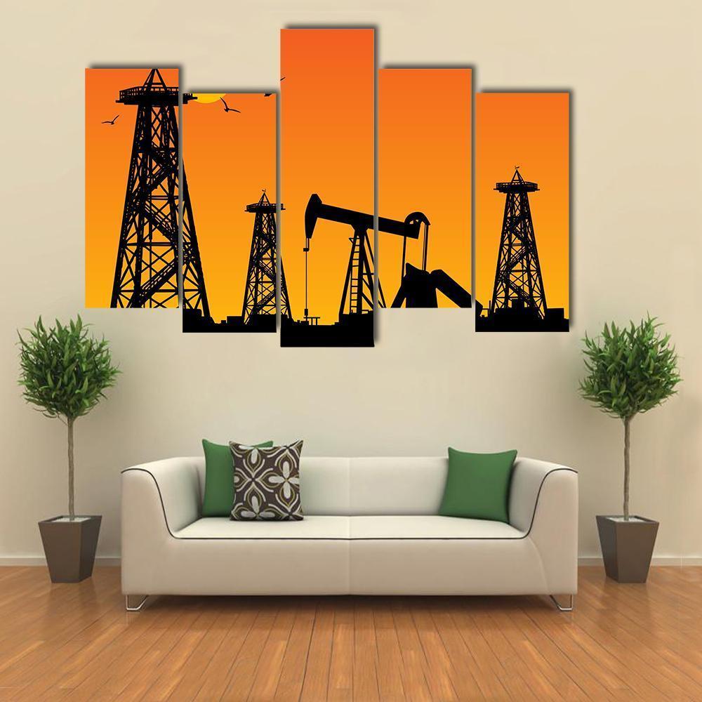 Oil Rig Silhouettes Canvas Wall Art-5 Pop-Gallery Wrap-47" x 32"-Tiaracle
