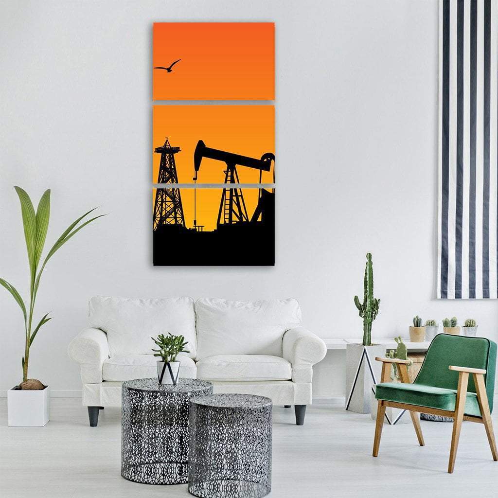 Oil Rig Silhouettes Vertical Canvas Wall Art-3 Vertical-Gallery Wrap-12" x 25"-Tiaracle