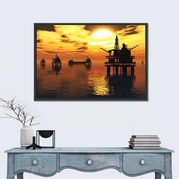 Oil Rigs and Tankers at Sunset Canvas Wall Art in black, orange and yellow, framed canvas, product view on a white background