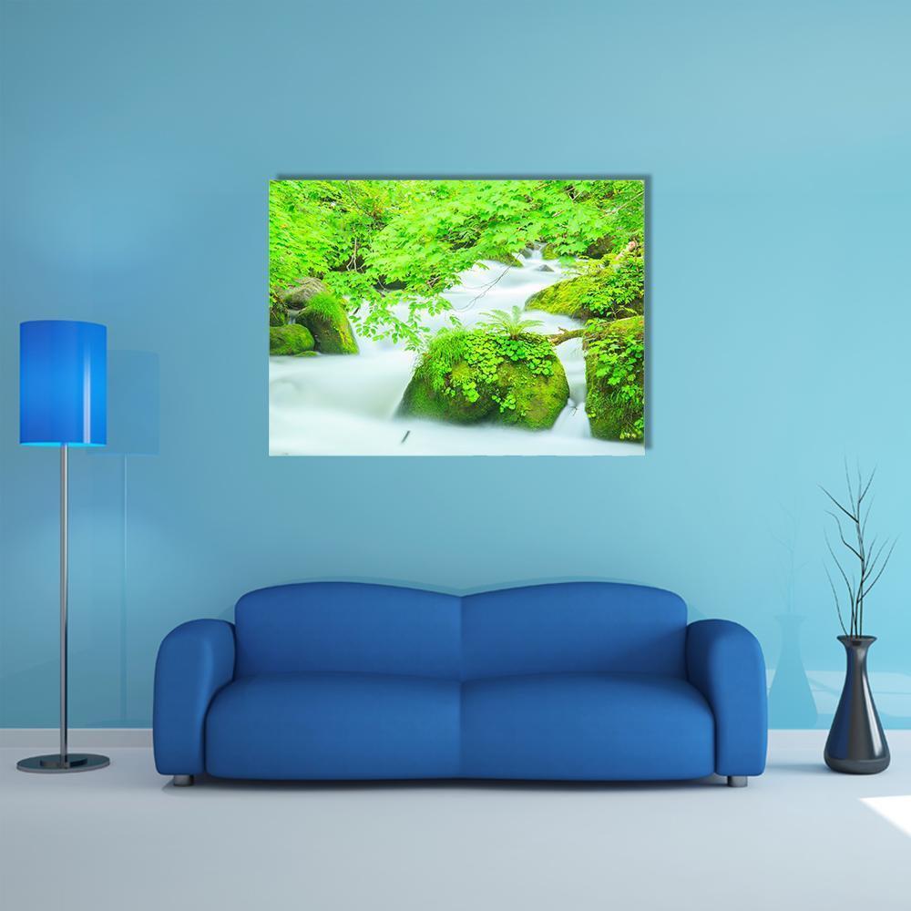 Oirase Stream Japan Canvas Wall Art in white and green, single panel hung on a wall